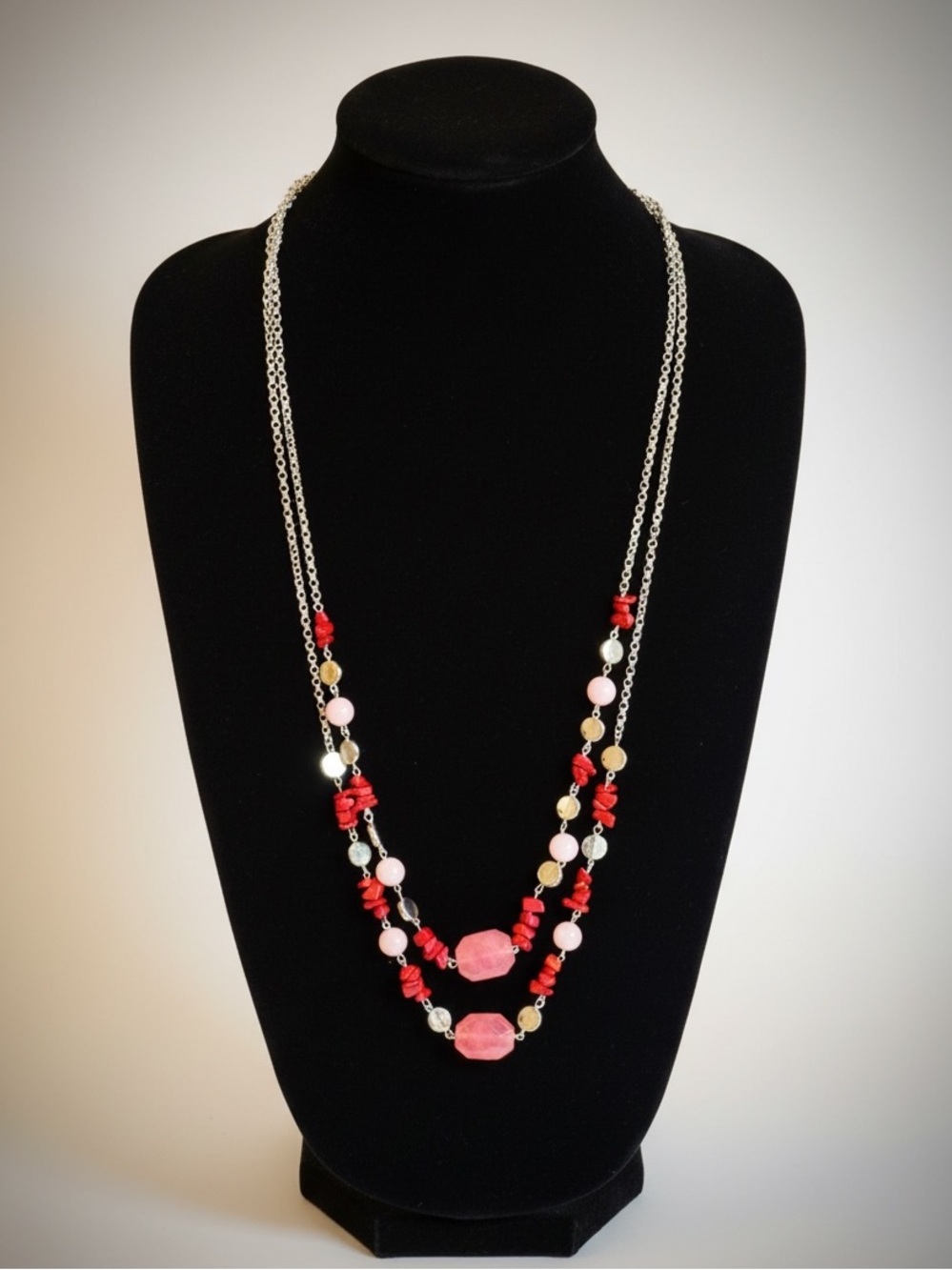 Talbots Pink and Red Stone Silver Layered Everyday Necklace | NEW